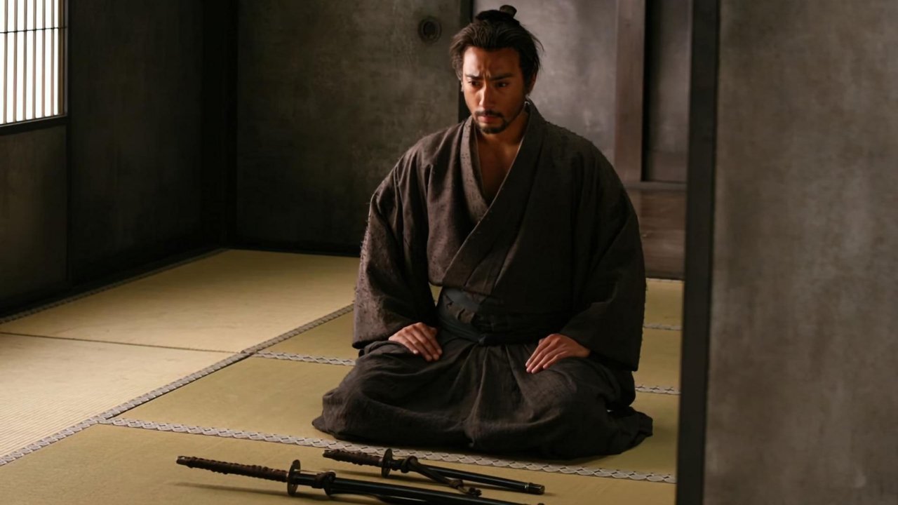 비어 있는 다다미방에 검은 옷의 남성이 홀로 정좌해 있다